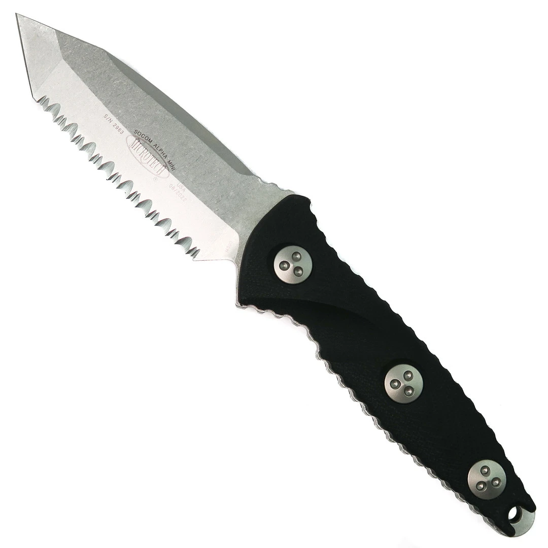 Microtech Socom Alpha Tanto Mini Fixed Blade Knife, Serrated Stonewash Blade