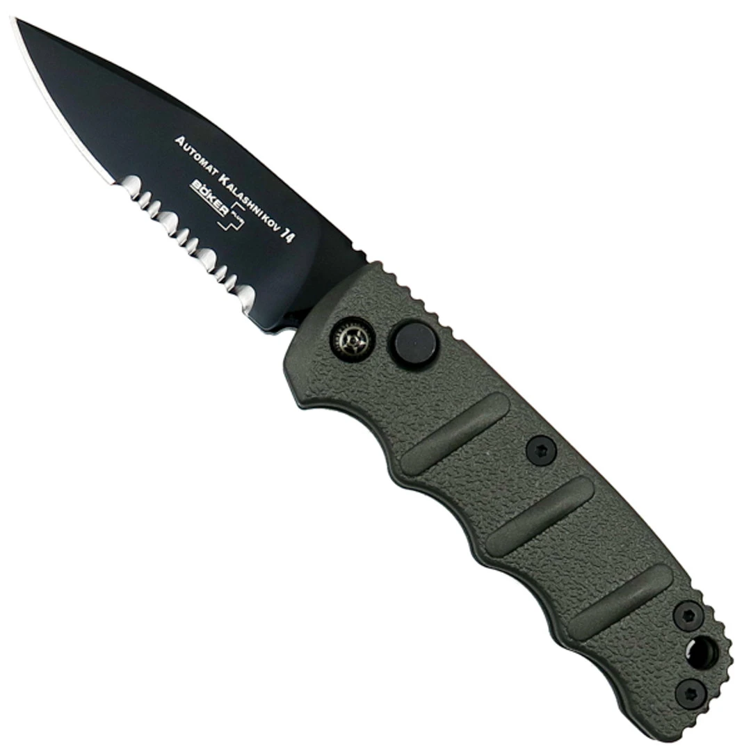 Boker Grey Mini Kalashnikov Auto Knife, D2 Black Combo Blade