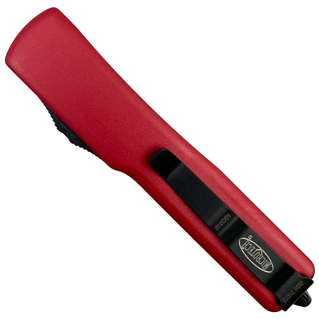 Microtech Red UTX70 OTF Knife, Double Edge Black Plain Blade - Image 2