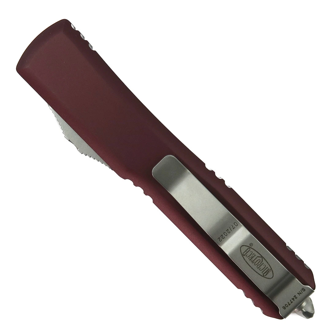 Microtech Merlot Ultratech OTF Auto Knife, Full Serrated Satin Dagger Blade - Image 2