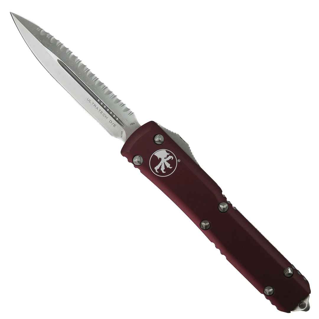 Microtech Merlot Ultratech OTF Auto Knife, Full Serrated Satin Dagger Blade