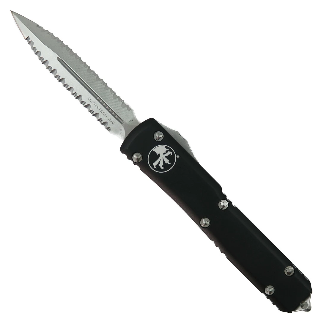 Microtech Ultratech OTF Knife, Stonewash Double Full Serrated Dagger Blade