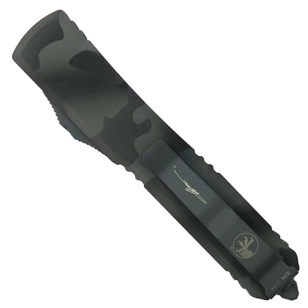 Microtech Signature Series Urban Camo Ultratech OTF Auto Knife, Full Serrated Tanto Blade - Image 2