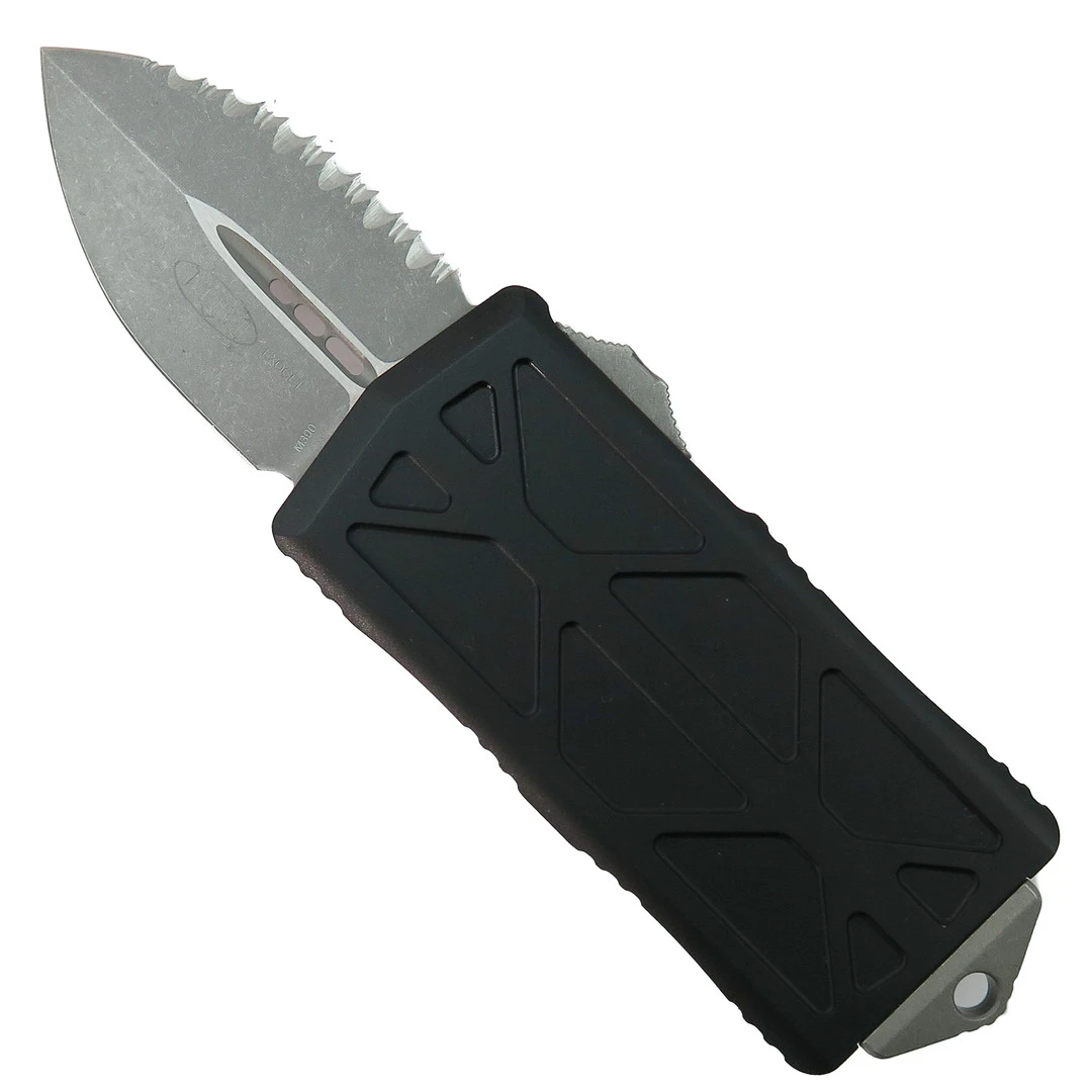 Microtech Black Exocet OTF Auto Knife, Apocalyptic Serrated Dagger Blade