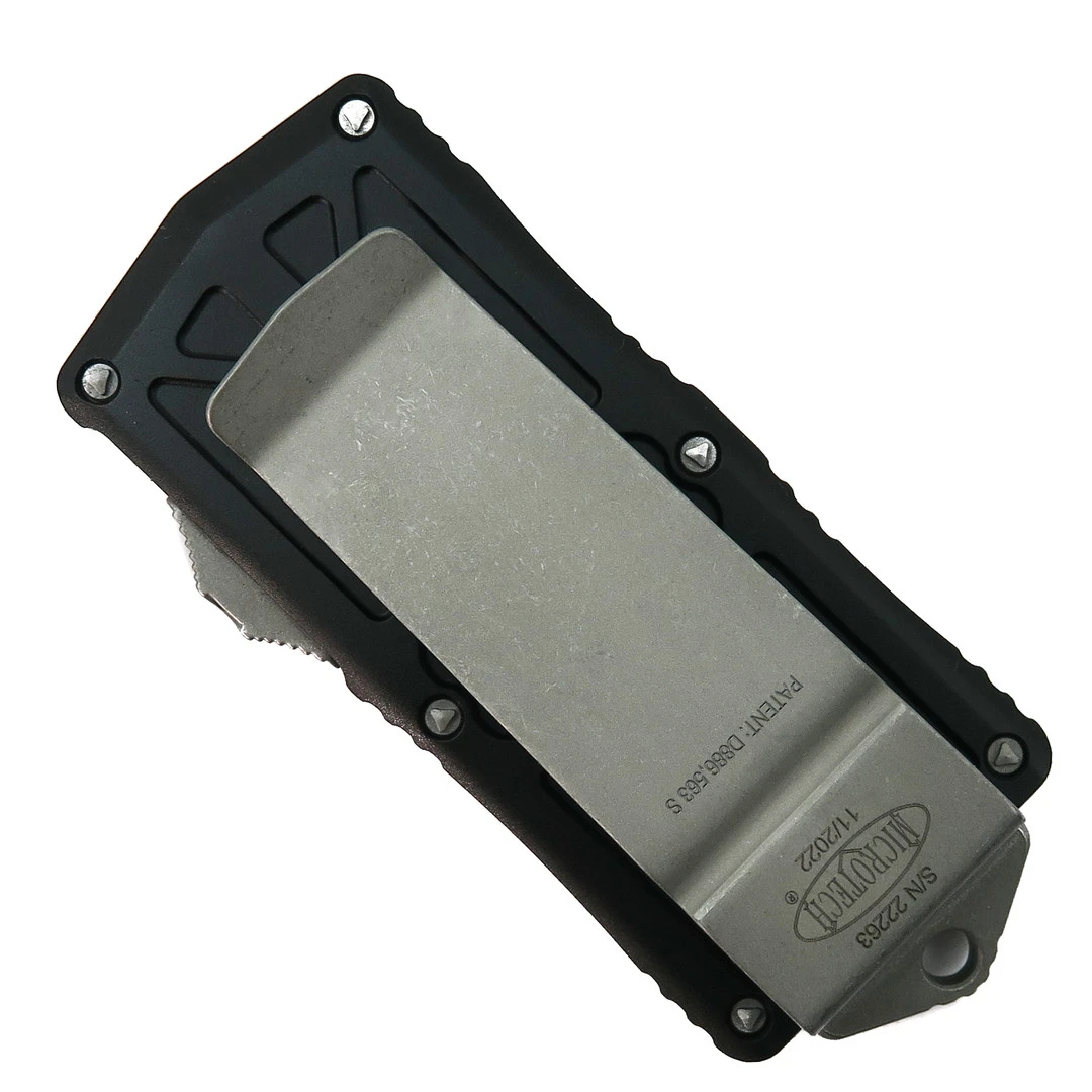 Microtech Black Exocet OTF Auto Knife, Apocalyptic Serrated Dagger Blade - Image 2