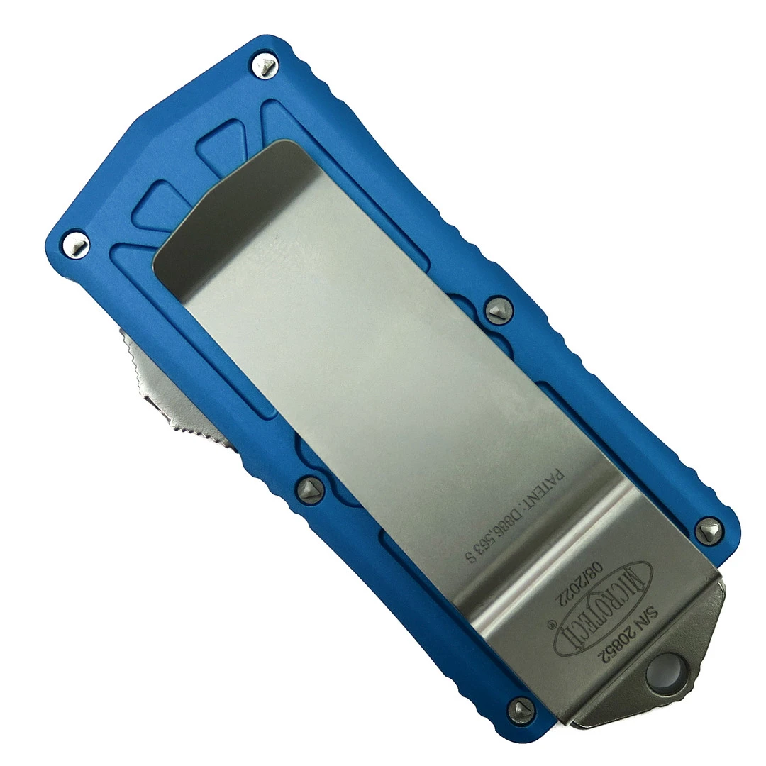 Microtech Blue Exocet OTF Auto Knife, Fully Serrated Dagger Blade - Image 2