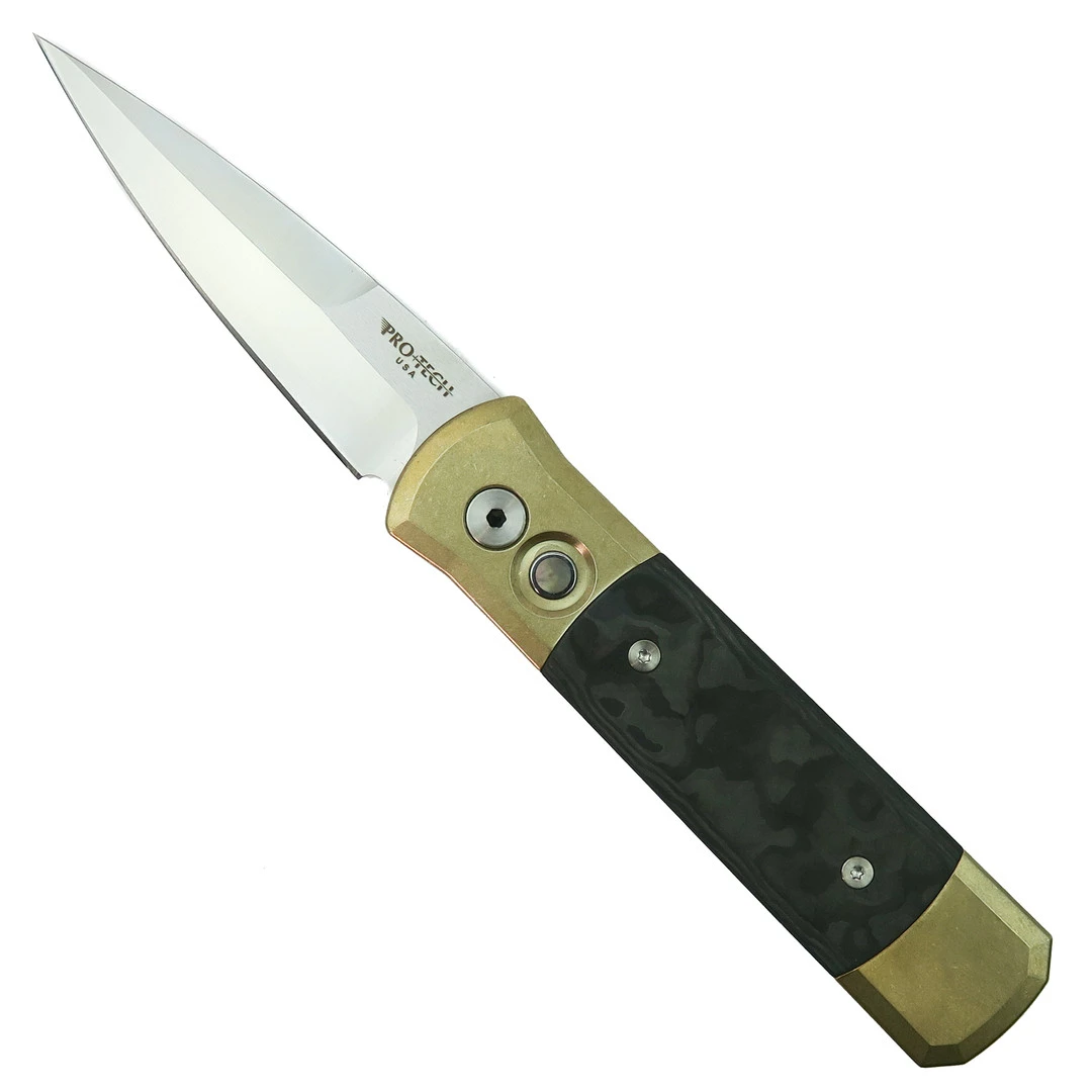 Pro-Tech 7114 Fat Carbon Inlay Bronze Aluminum Godson Auto Knife, Satin Blade